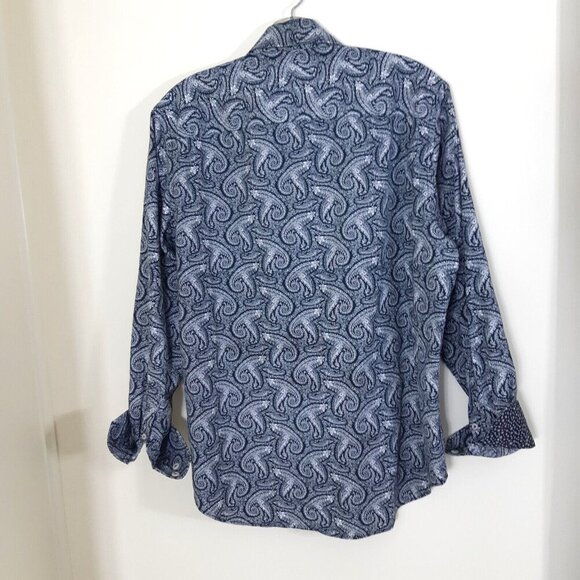 Bugatchi Uomo Mens Medium Button Up Shirt Blue Paisley Print Cotton Long Sleeve - Picture 2 of 5
